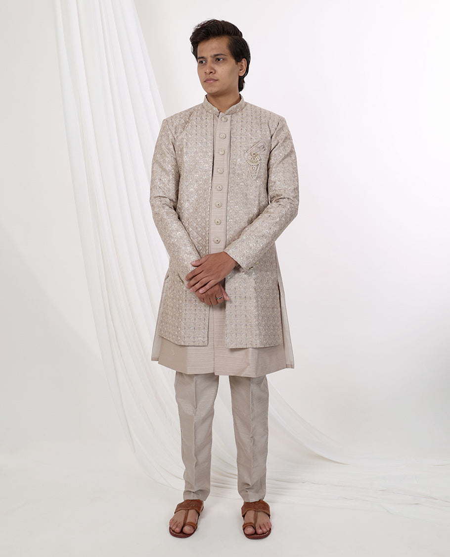 Sandal floral thread embroidery with sequins work mandarin collar & full-sleeve long raw silk kurta