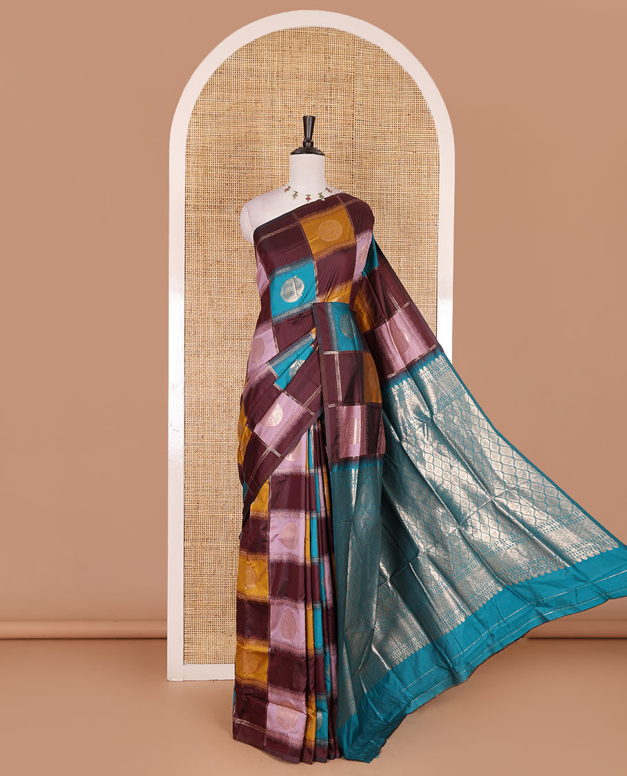 Borderless wine chakra buttas enclosed, checked elite soft silk saree, contrast ogee patterned pallu, and contrast zari design blouse