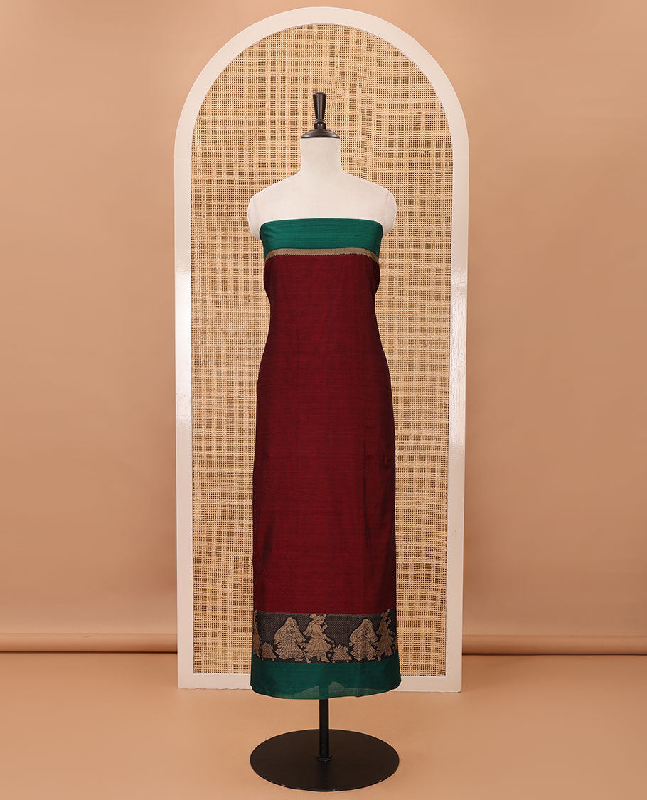 Maroon mercerised cotton material chudidar set, Madhubani-style bride-groom motif woven top, bottom & dupatta