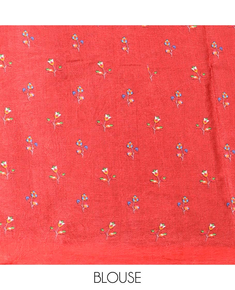 Blue floral vine design semi-banaras printed saree with contrast plain border & striped floral design with zari border