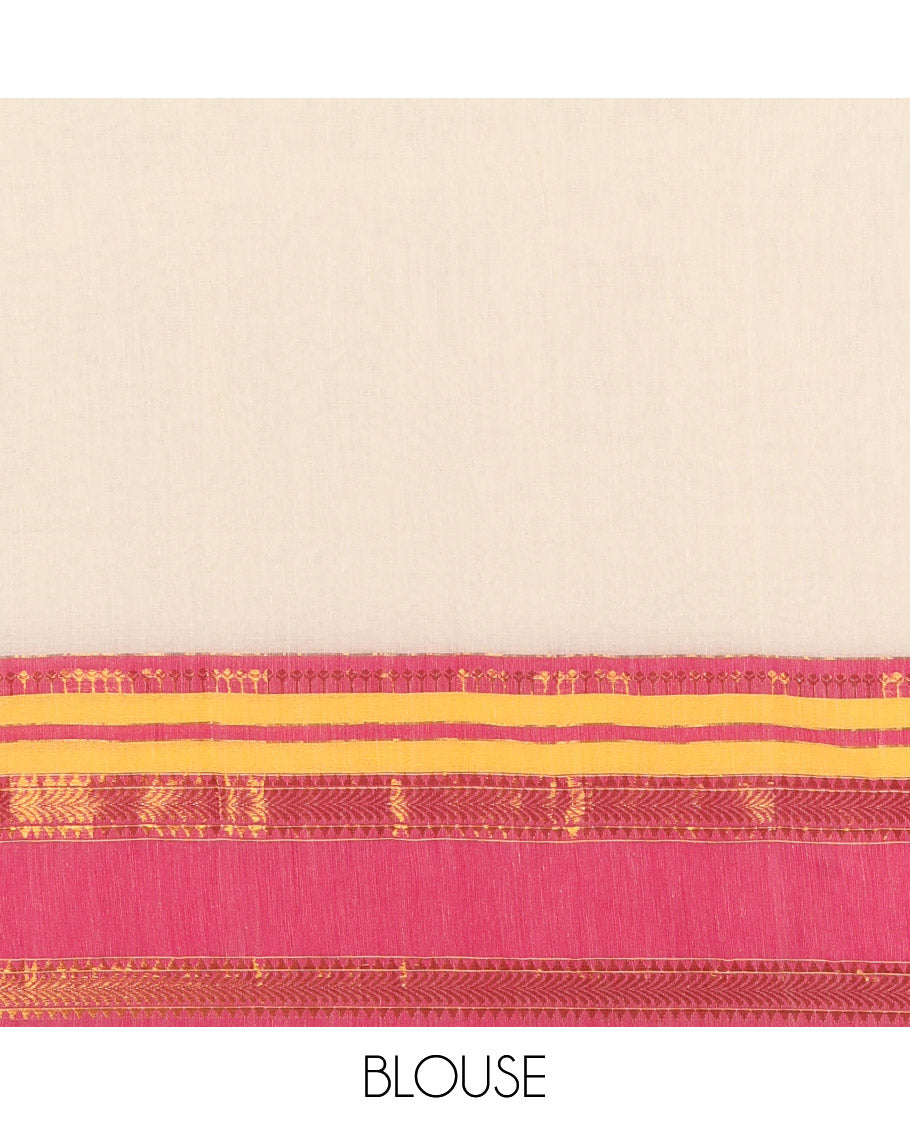 Cream Plain Khadi Mul Cotton Saree, Complemented by a Contrast Traditional Zari Varisai Pettu Border, and a Matching Blouse