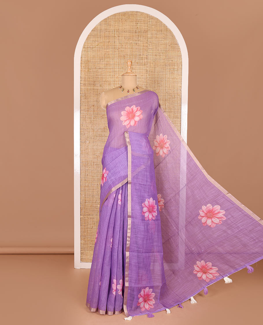 Lavender daisy floral printed linen cotton saree, gold zari piping border, daisy floral printed pallu, and matching floral printed blouse