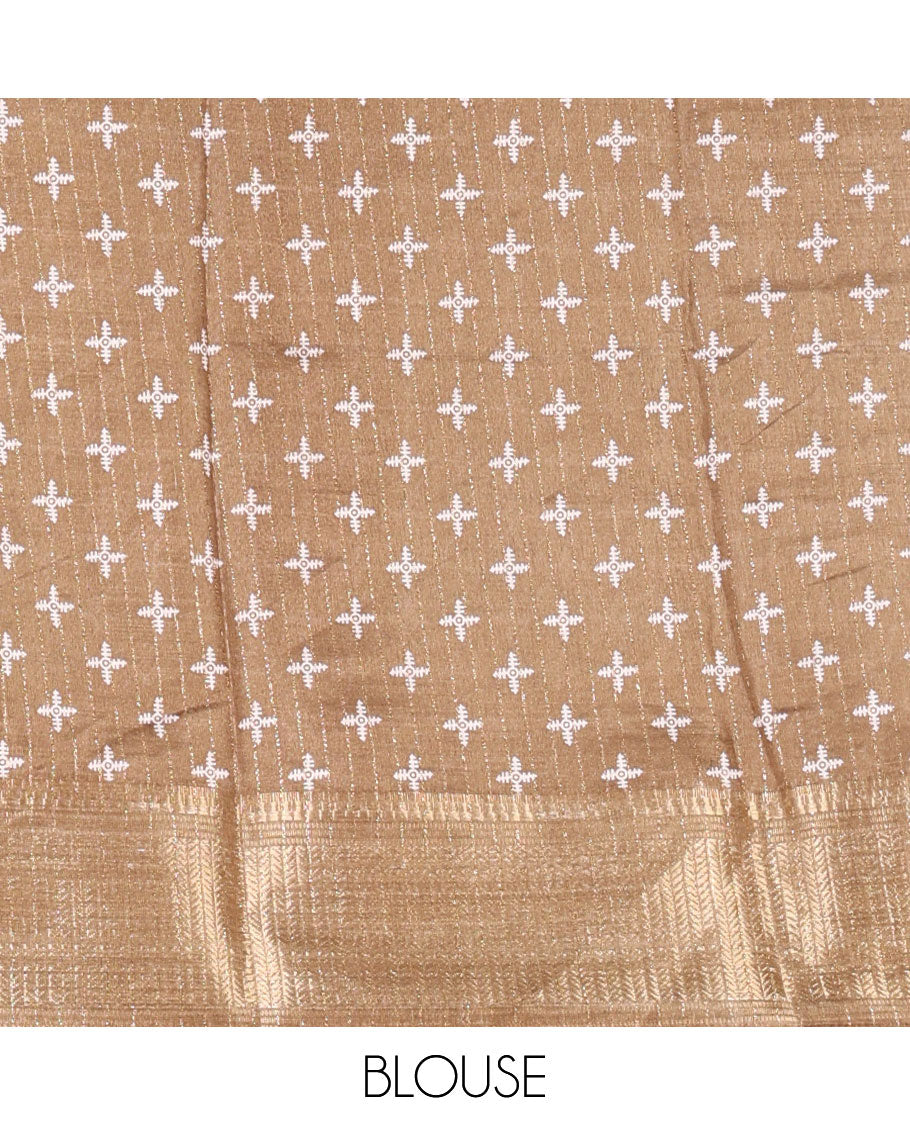 Tan color zari stripes & floral motifs printed dola silk saree, traditional zari border, printed pallu & small butta printed blouse