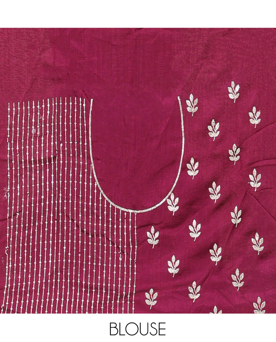 Wine Banarasi Half-Saree, Delicately Woven with Floral Buttas Embroidered Skirt, Embroidered Border, Matching Blouse, and Contrast Scallop Embroidered Dupatta