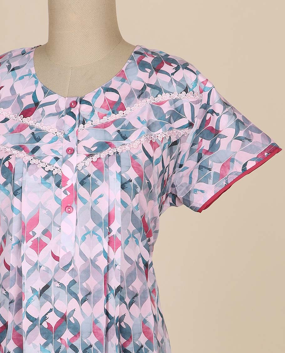 Baby pink geometric design printed & round neck, with lace cotton half sleeve nighty