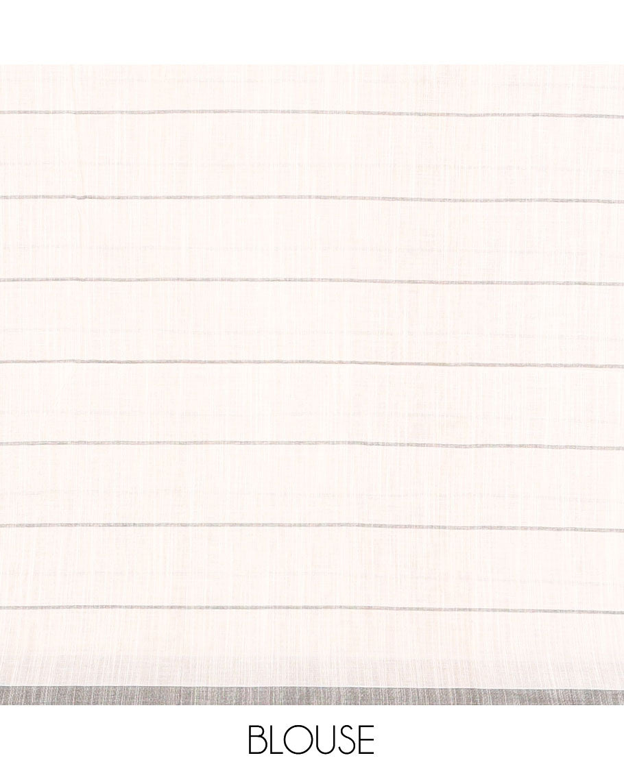 White Checked Khadi Linen Saree, a Contrast Border, Striped Pallu, and Matching Blouse