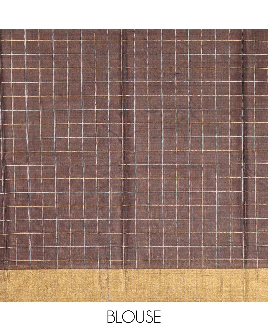 Maroon checked, motifs silk cotton saree with self zari border & floral design pallu