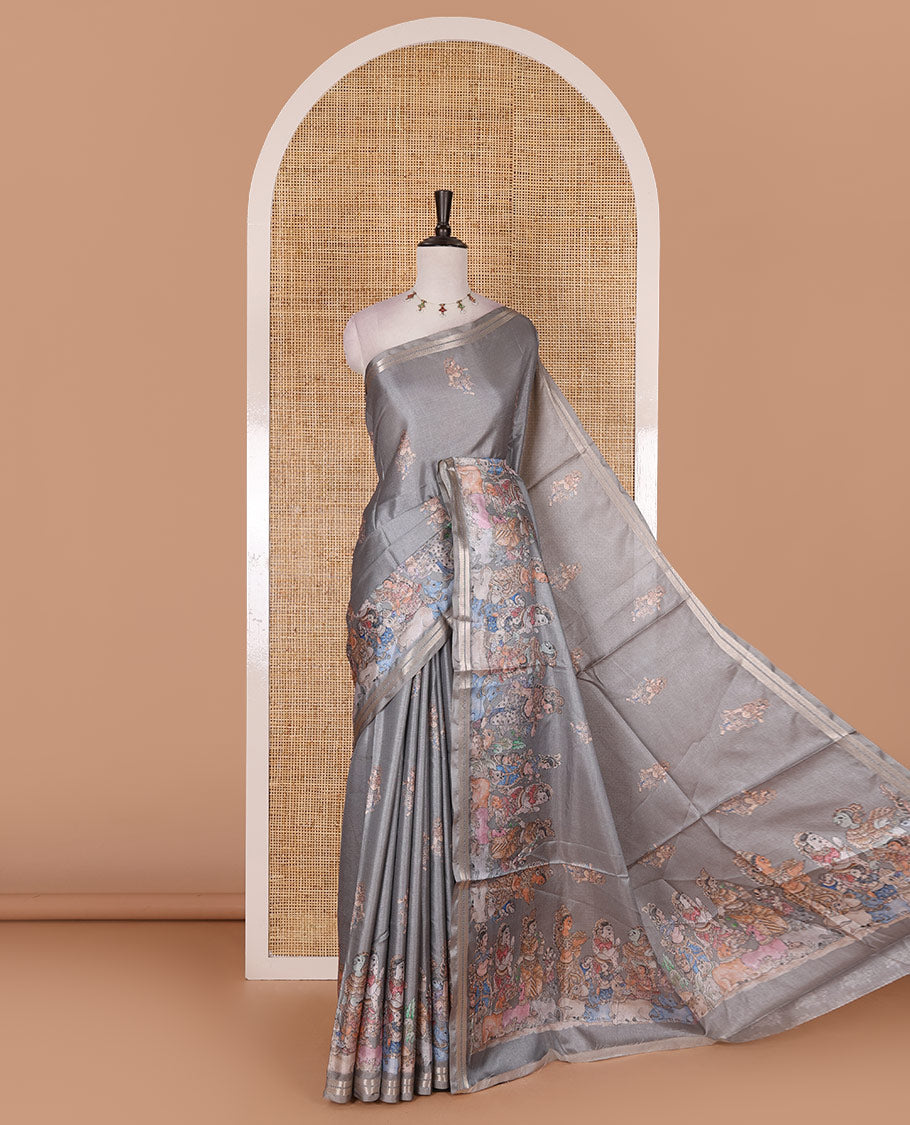 Grey kalamkari style ancient human figurines printed semi tussar saree, printed border, kalamkari printed pallu, and printed blouse