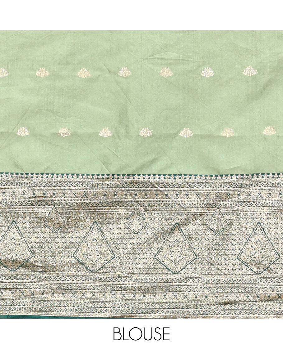 Green Art Silk Half Saree, Accentuated with Buttas Skirt, Contrast Traditional Border, Matching Blouse, and a Contrast Banaras Dhavani