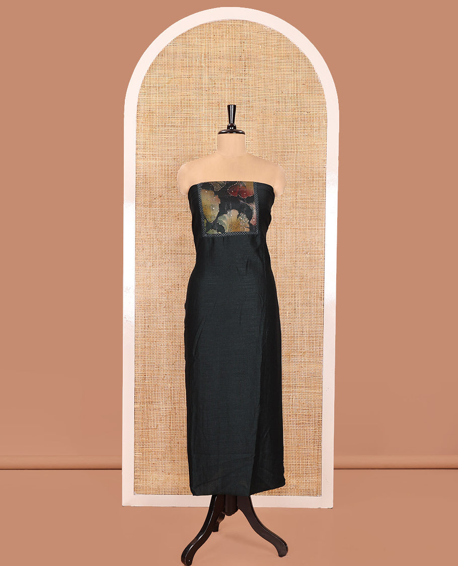 Bottle Green Material Churidar Set, Adorned with Floral Printed Patch Embroidery Vichitra Silk Top, Comes with a Plain Santoon Bottom, and a Floral Printed Shimmer Georgette Dupatta