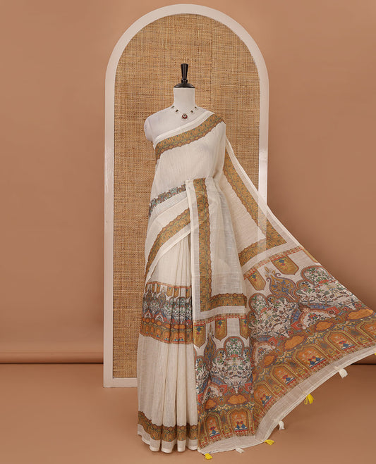 White half-plain & half-printed body linen cotton saree, Mughal-style printed border, Mughal-style printed pallu & scallop printed blouse