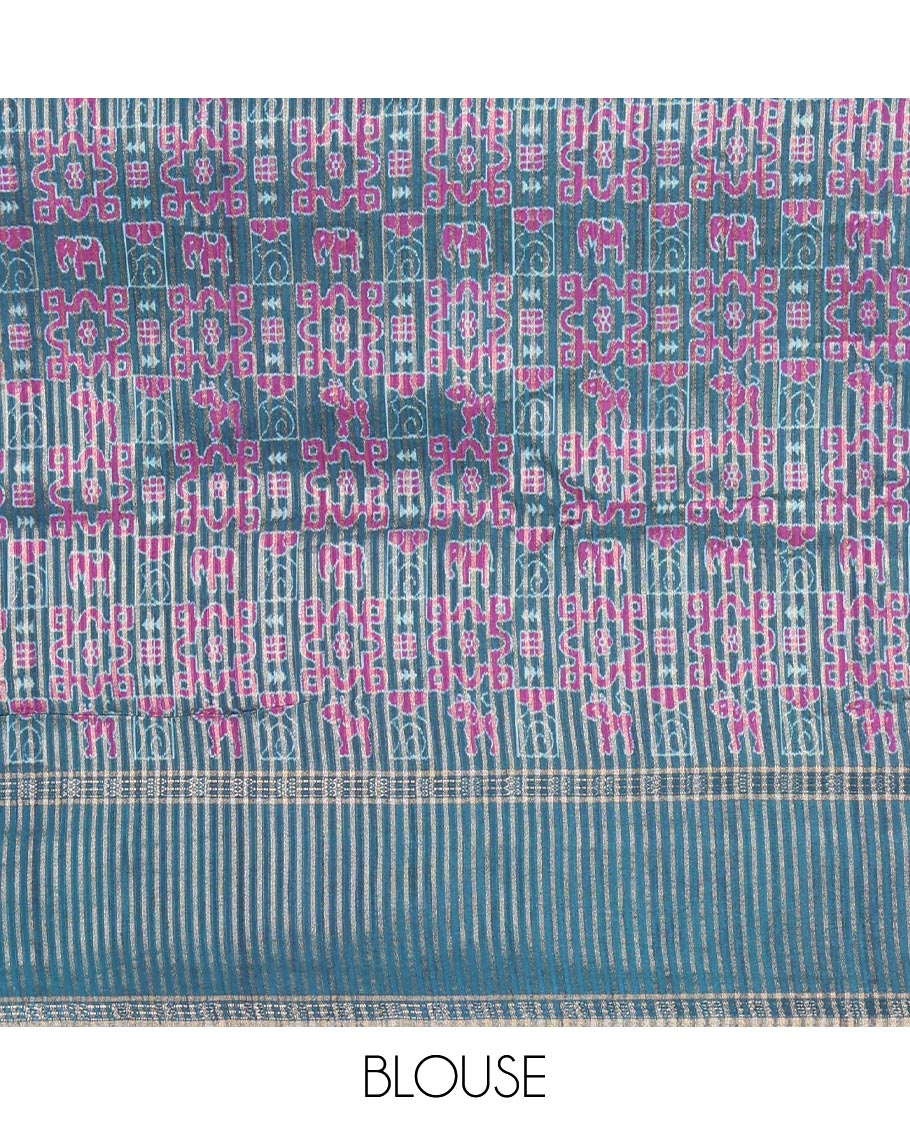 Purple Plain Semi-Tussar Silk Saree, Complemented by a Contrast Geometric Design Border, Subtly Zari Striped Pallu, and Paired with a Contrast Patola Printed Blouse
