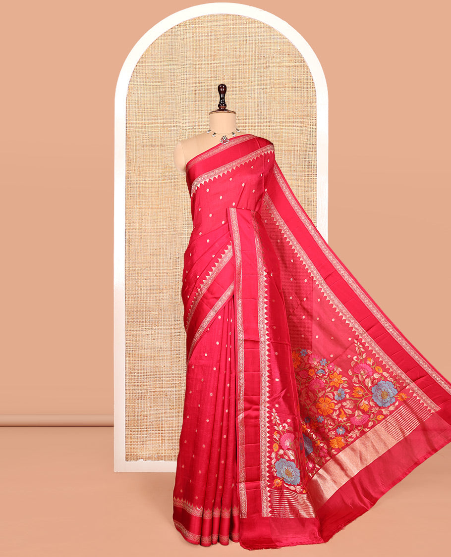 Pink Matka Silk Saree, Detailed with Meenakari Floral Vine All Over Its Body, Highlighted by Temple Rettai Pettu Border, Pallu of Stripes, and Paired with a Matching Blouse