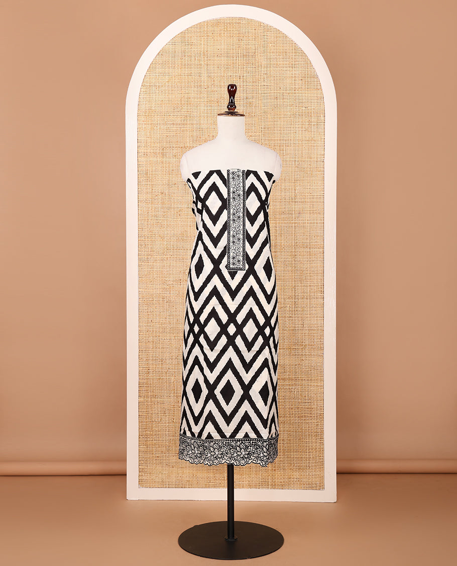 White & black cotton chudidar material set, zig-zag print & neck embroidery top, plain bottom & floral embroidered dupatta