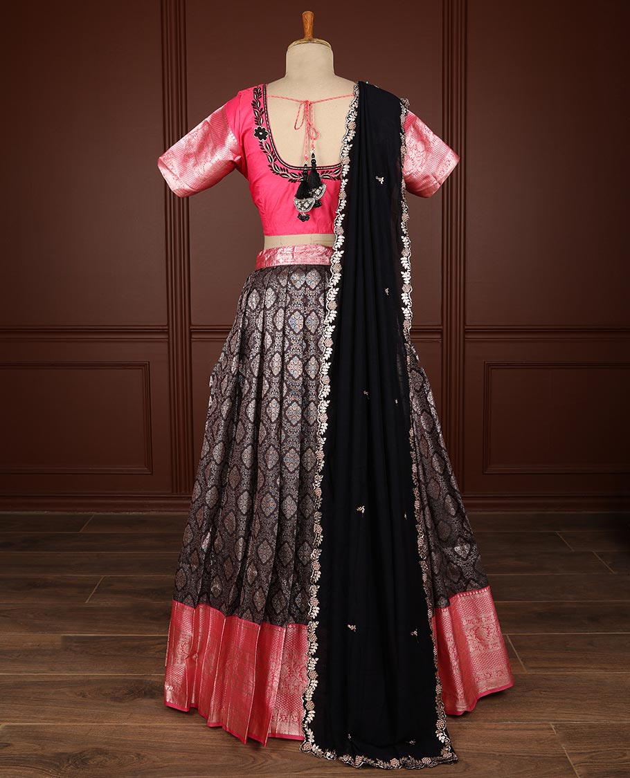 Black geometric design half saree witn contrast zari design border, floral embroidery blouse & floral embroidery dhavani