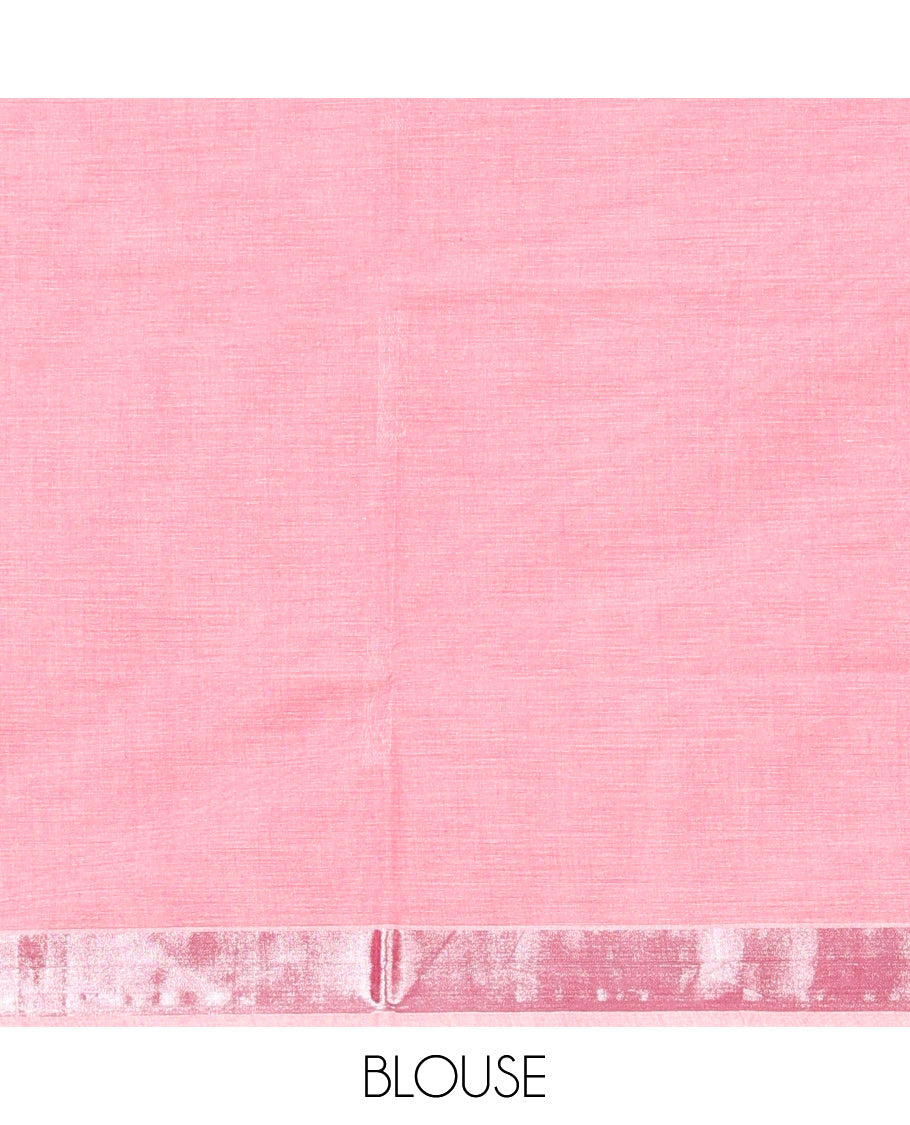 Pink Kerala Saree, Finely Woven with Zari Buttas on Its Body, Subtly Sparkled Zari Bavanji Border, Pallu Depicting Paisley Designs, and Paired with a Matching Blouse