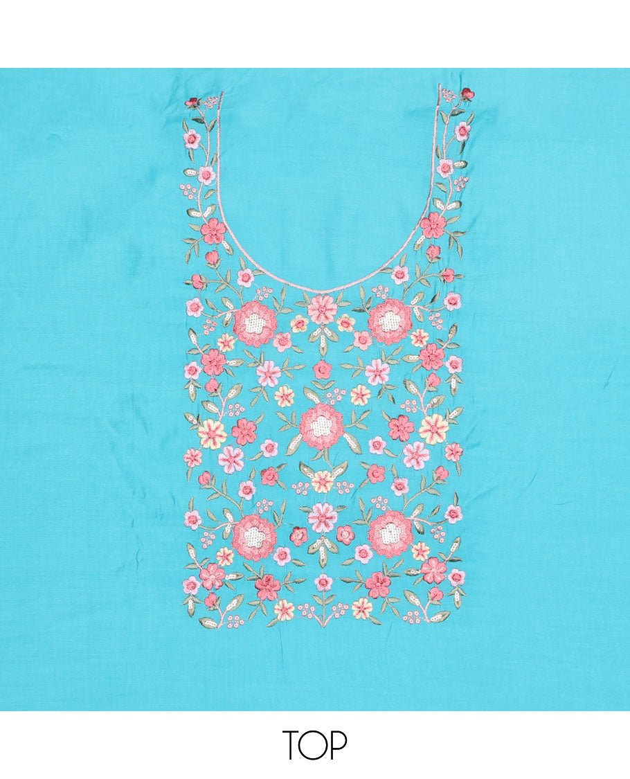 Blue chududhar material set, floral embodered top, plain & floral embroidery with lace border dupatta