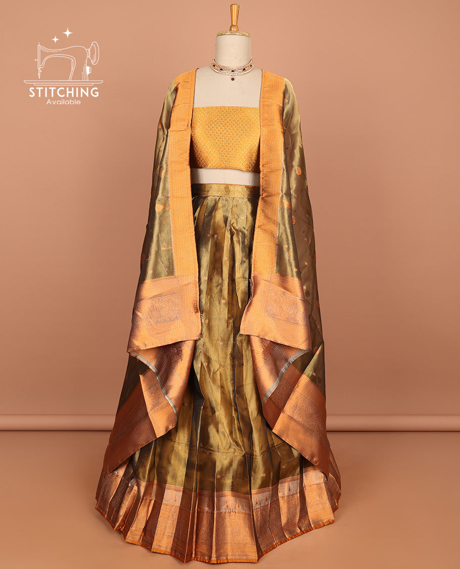 Brown zari buttas art silk half saree with contrast zari orange border, zari checked design blouse & intricate zari design dhavani