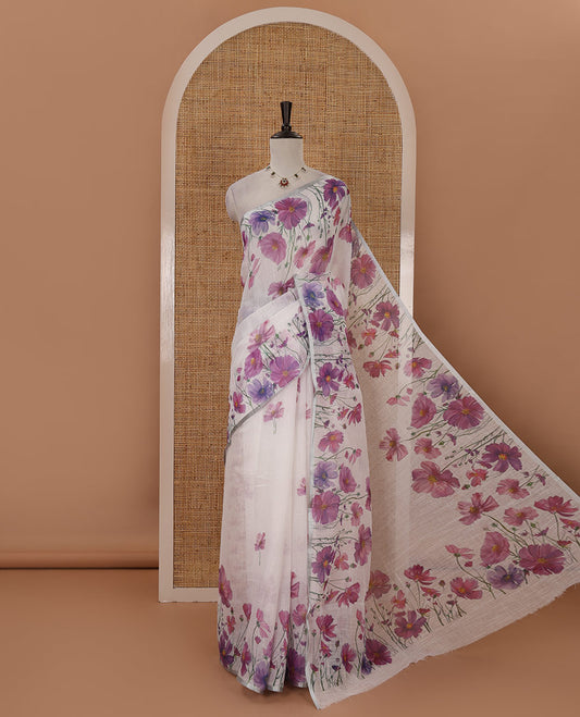 White-base poppy-style violet-color floral motifs printed linen saree, piping zari border, pallu steeped with floral print & floral matching blouse