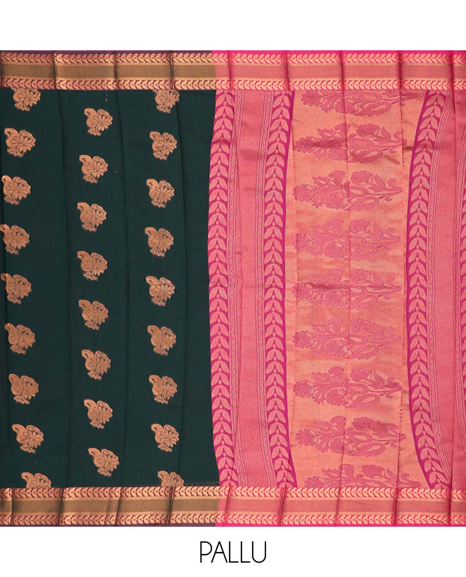 Bottle green floral motifs kora cotton saree with contrast leaf zari design border & floral zari design pallu
