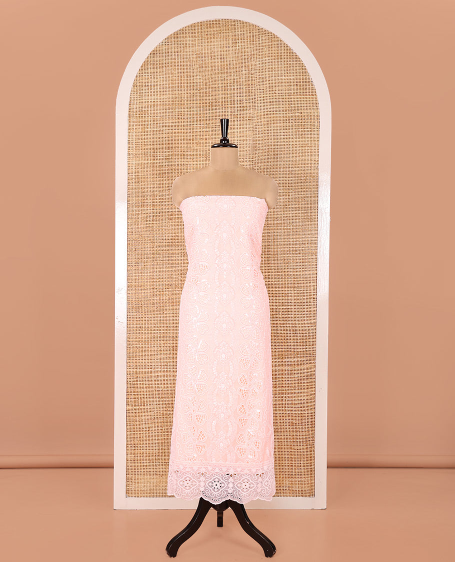 Peach Fox Georgette Material Chudidar Set, Adorned with Cut Work and Sequins Embroidered Top, a Plain American Crepe Bottom, and Comes with a Embroidered Georgette Scallop Dupatta