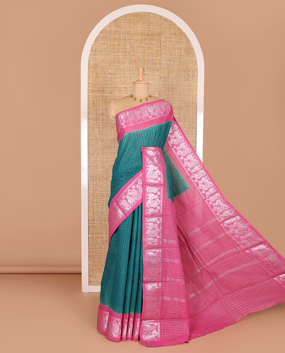 Rama checked sungudi cotton saree, contrast silver zari peacock motif border, striped pallu, and a contrast checked blouse
