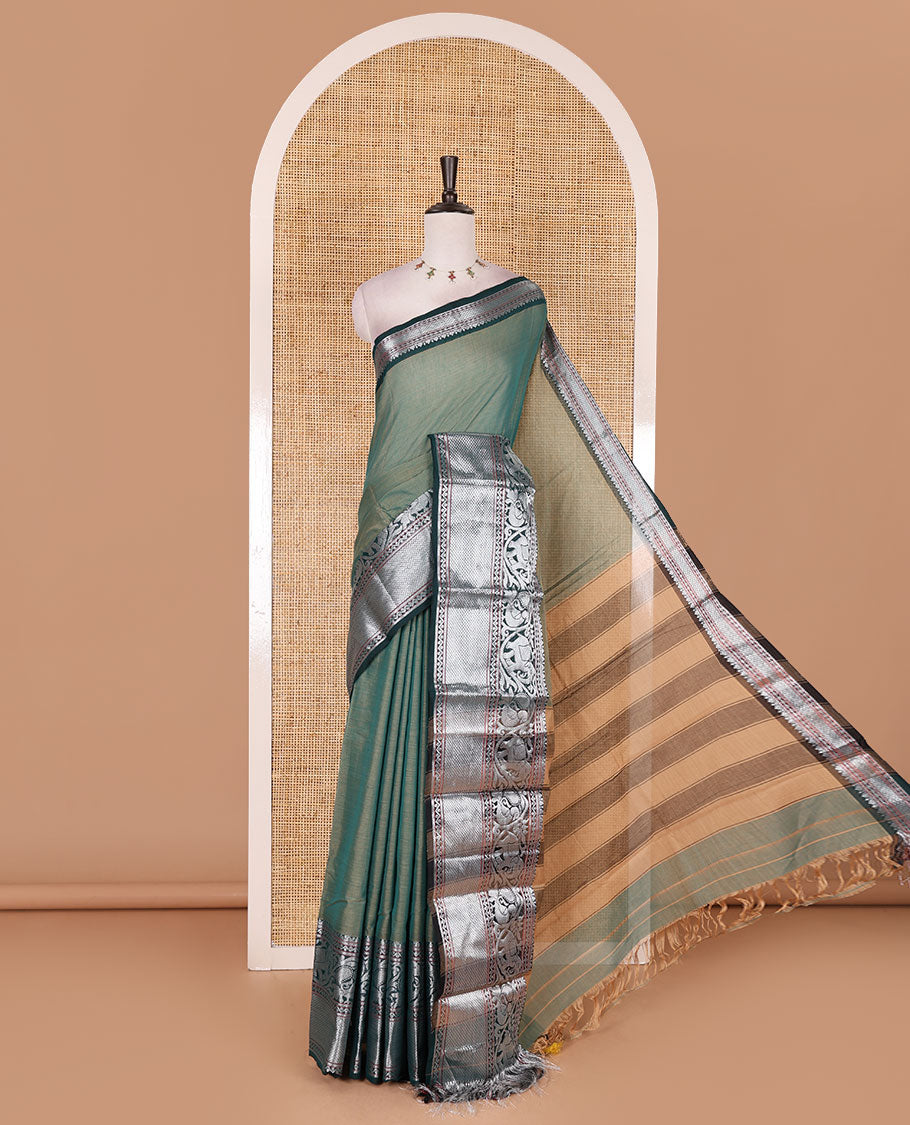 Green plain mercerised cotton saree, contrast traditional zari border of elephant and peacock designs, striped pallu, and plain blouse
