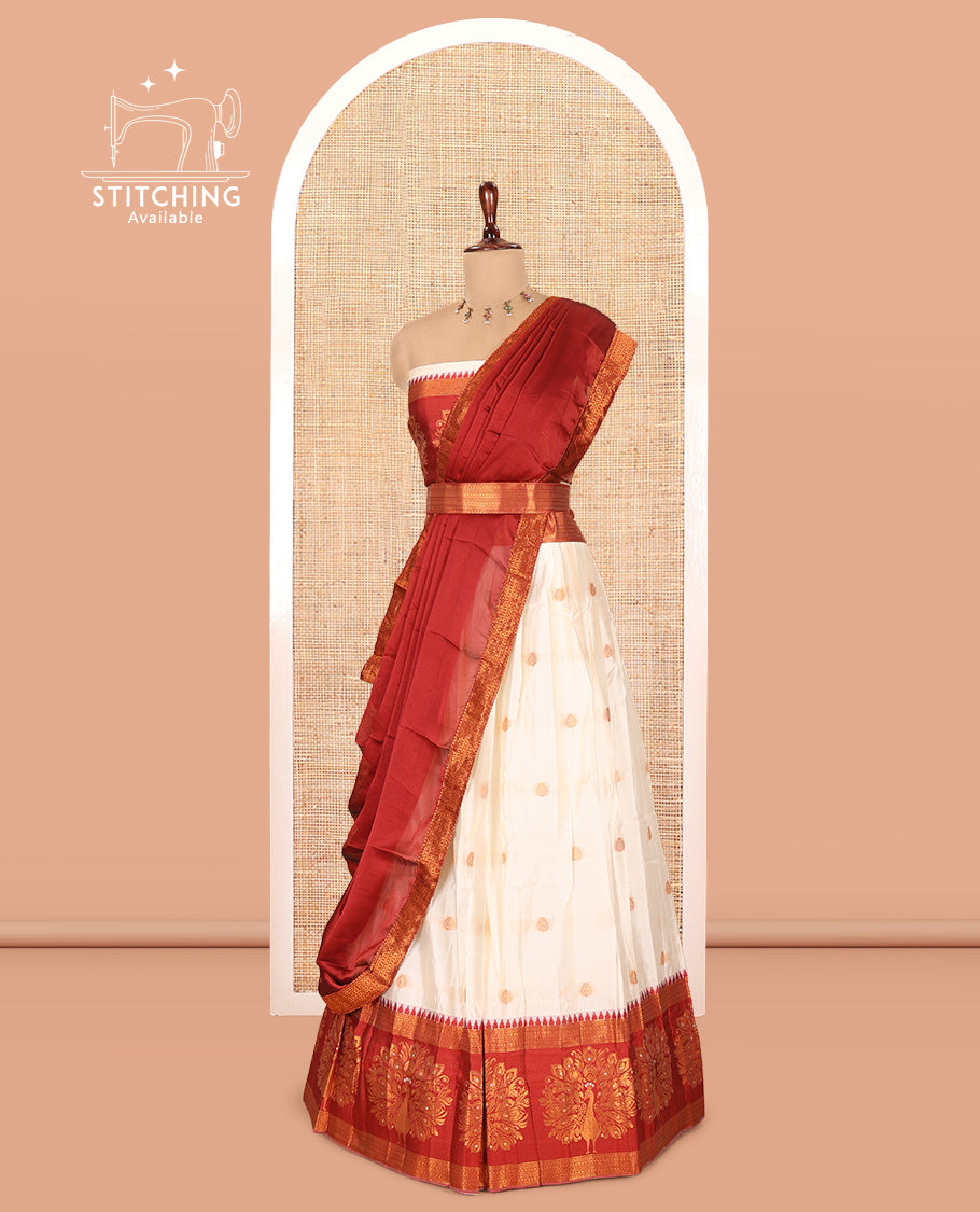 Cream-Maroon Semi-Silk Half-Saree