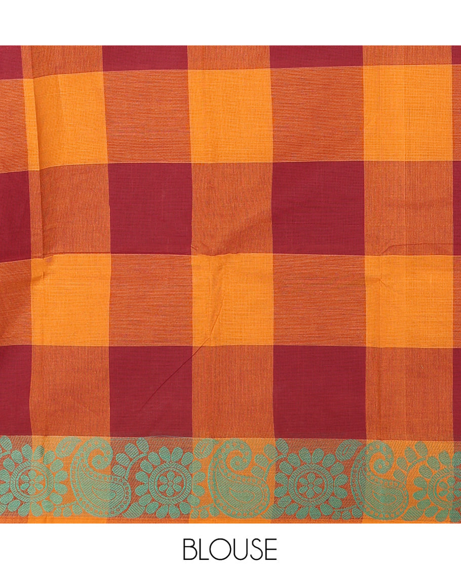 Mustard-Wine Checked Chettinad Cotton Saree, Subtly Woven with Buttas, a Subtle Floral-Chakram Border, and a Matching Blouse