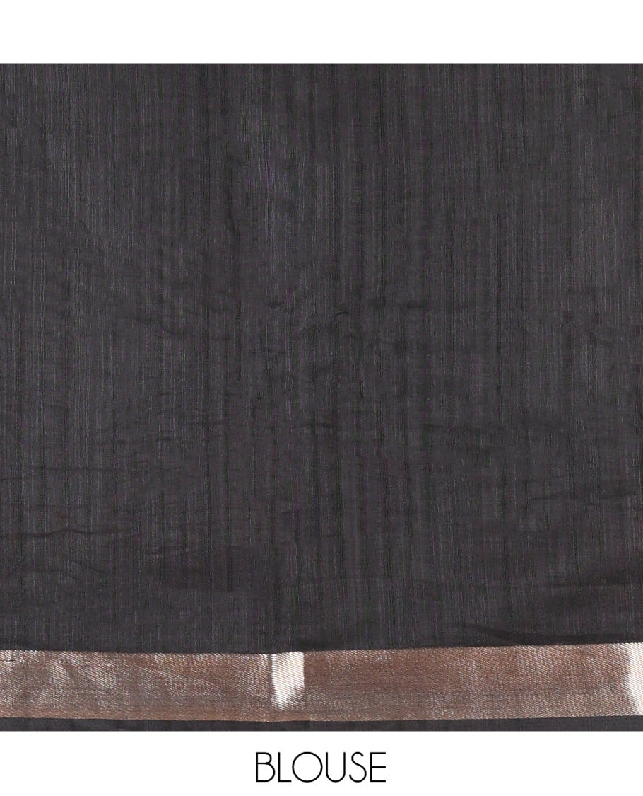 Black Jute Linen Saree Features Jamdani Floral Motifs, a Zari Border, Pallu of Jamdani Floral Design, and a Plain Blouse