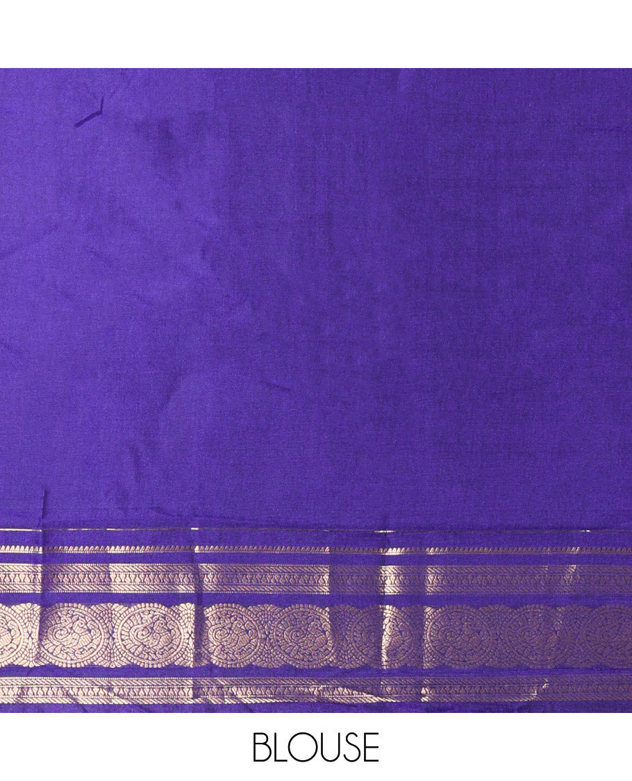 Mustrad Kanchipuram Budget Silk Saree, Decorated with Plus-Sized Butta Enclosed Checks All Over Its Body, Complemented by a Contrast Traditional Zari Border of Round Peacock Designs, Pallu Steeped with Circle Motifs, and Paired with a Contrast Blouse