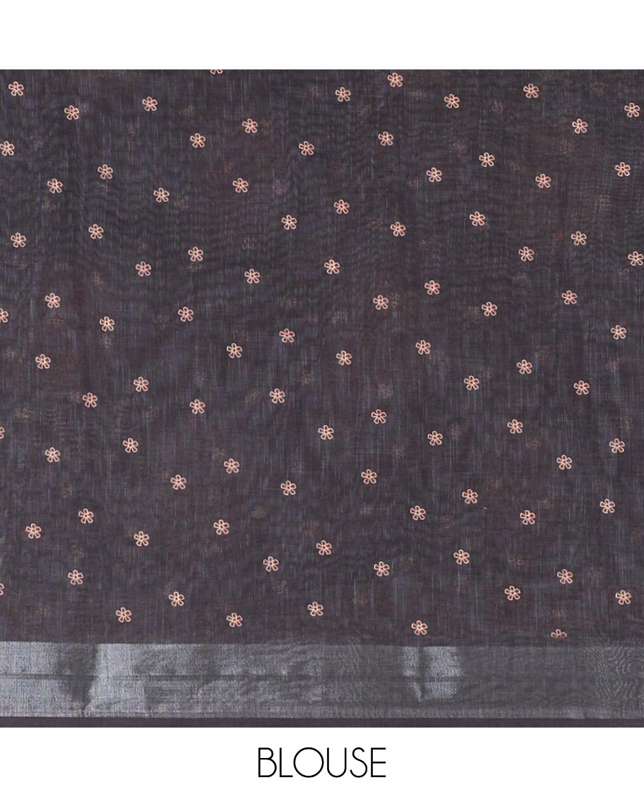 Black Linen Cotton Saree, Subtly Enriched with Ajrakh-Style Floral Motifs Block Print, a Subtle Zari Border, Pallu of Ajrakh-Style Intricate Print, and Paired with a Matching Blouse