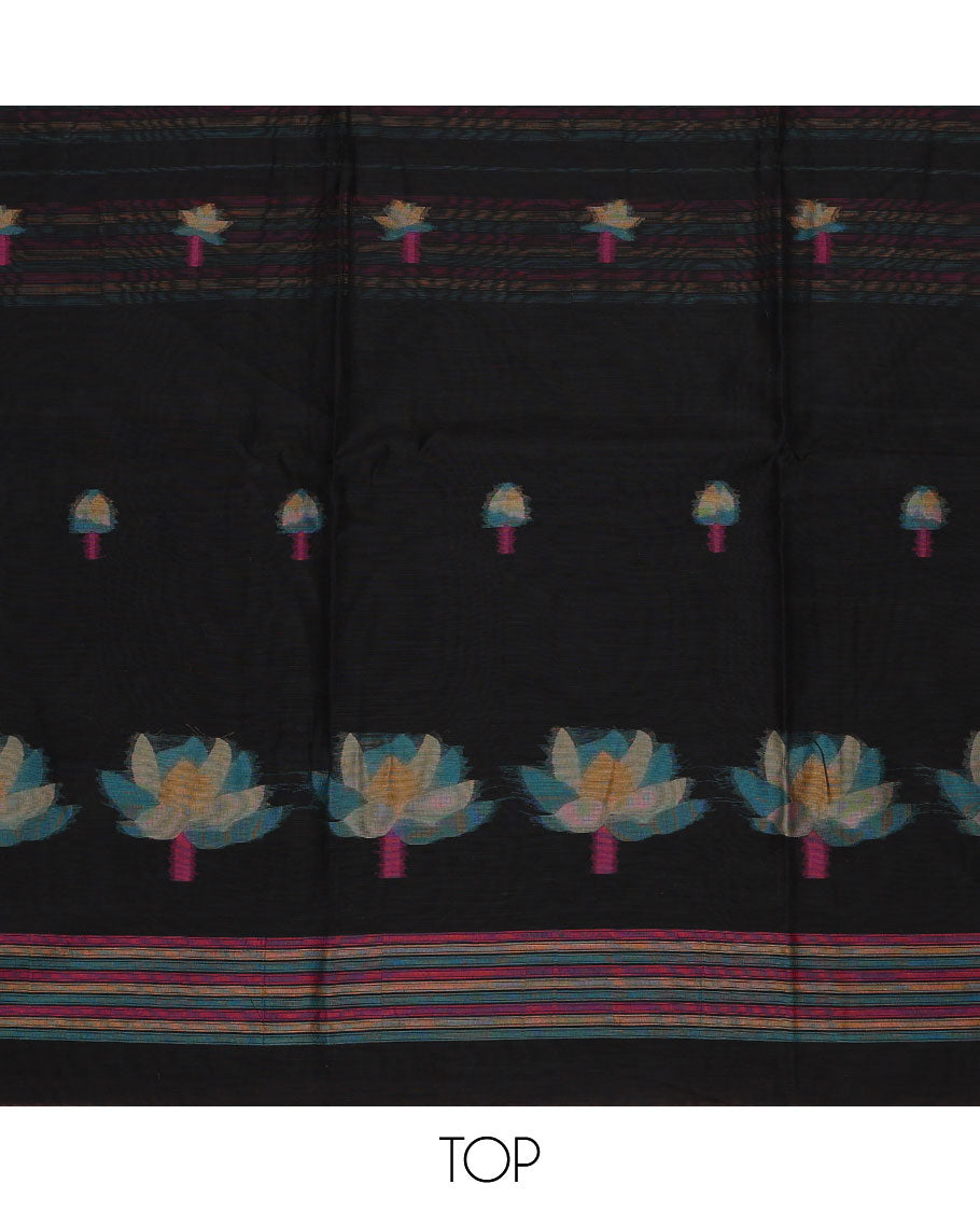 Black chudidhar material set, striped floral motifs top, blue plain bottom & floral motifs dupatta