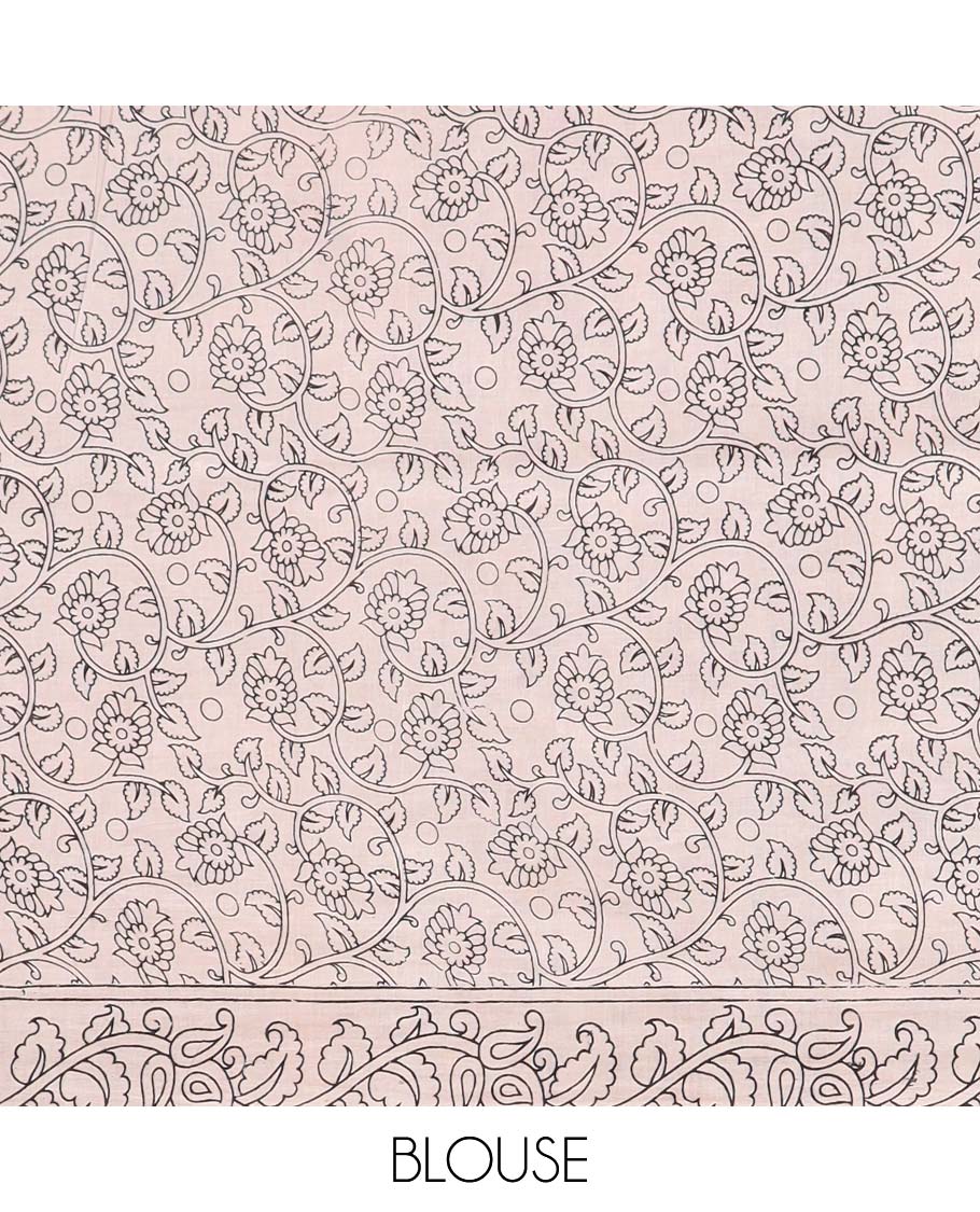 Red floral machine-printed kalamkari cotton saree with contrast floral design border & paisley design pallu