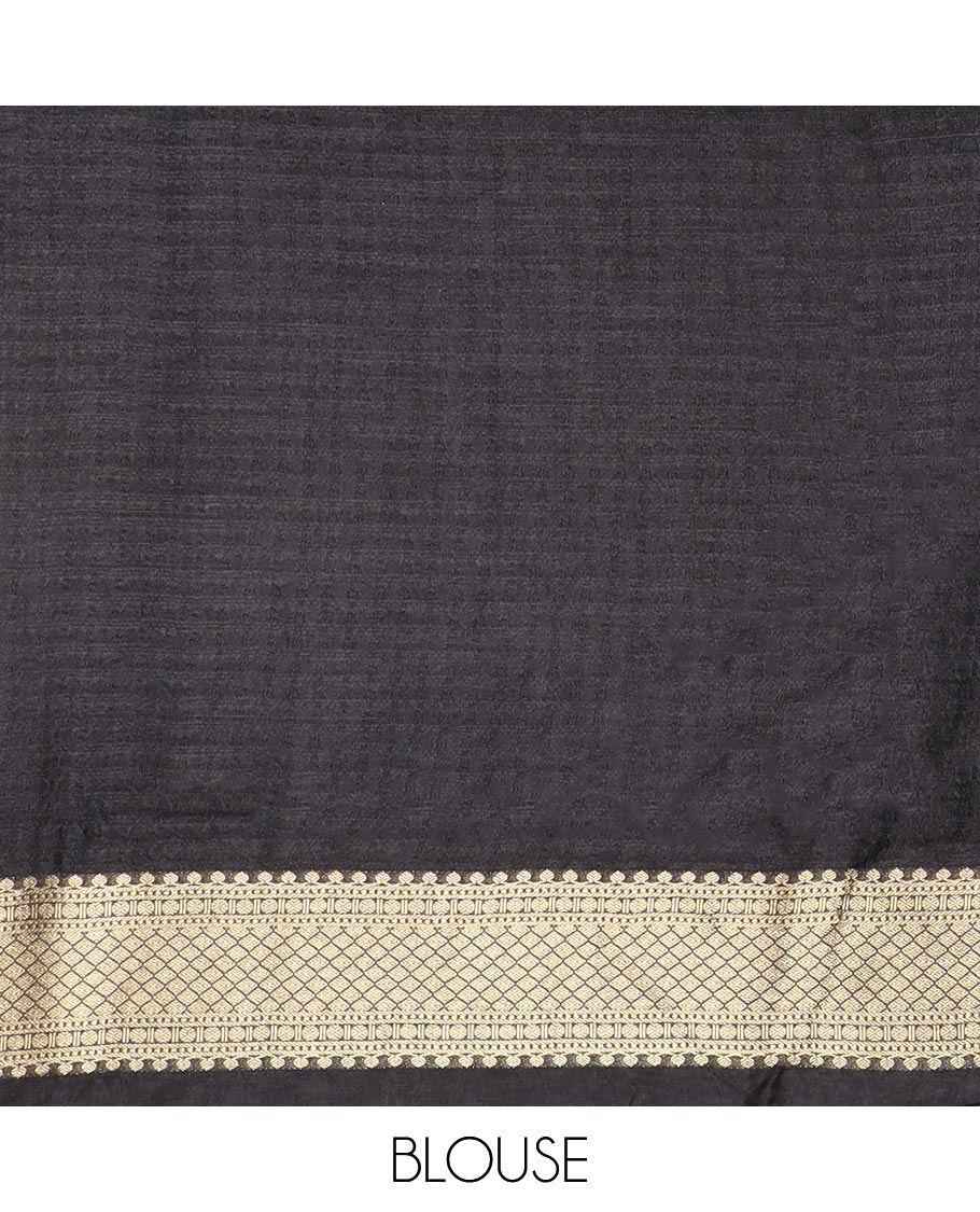 Black geometric semi-banaras dola silk saree with self zari border & argyle pattern, geometric design pallu