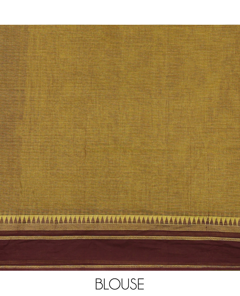 Green Andhra Cotton Saree, Sparsely Woven with Stripes, a Contrast Temple Thread Border, Contrast Striped Pallu, and a Contrast Blouse