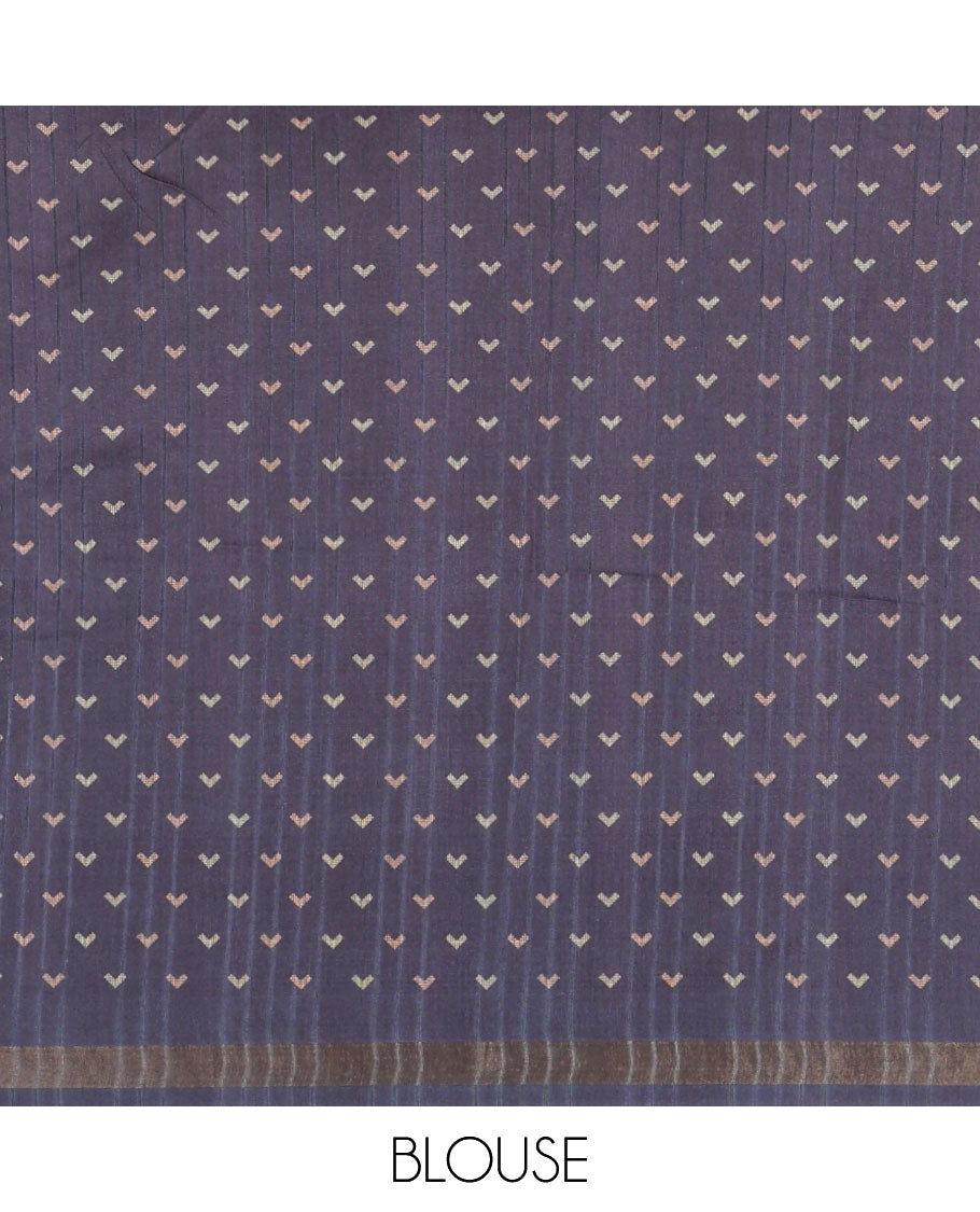 Purple flower motifs katan silk saree with contrast floral vine & bird printed border & geometric & argyle printed pallu