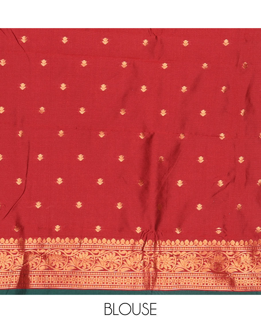 Green floral zari buttas Kanchi silk saree, contrast floral motifs zari woven border, butta enclosed jaal pallu, and a zari design pallu