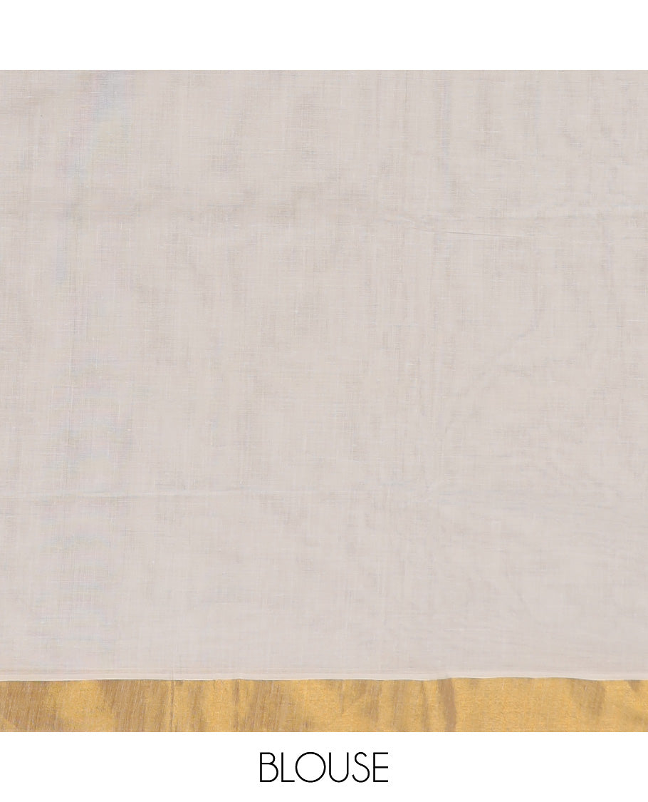 Cream zari striped kerala saree, zari border & pallu of leaf creeper & peacock designs
