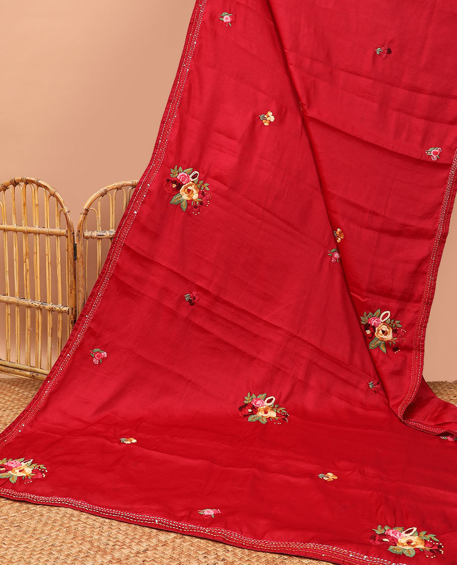 Red all-over floral motifs thread embroidery tussar silk saree with self striped embroidery border