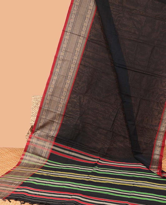 Black plain Narayanapet cotton saree, contrast traditional design border & striped pallu