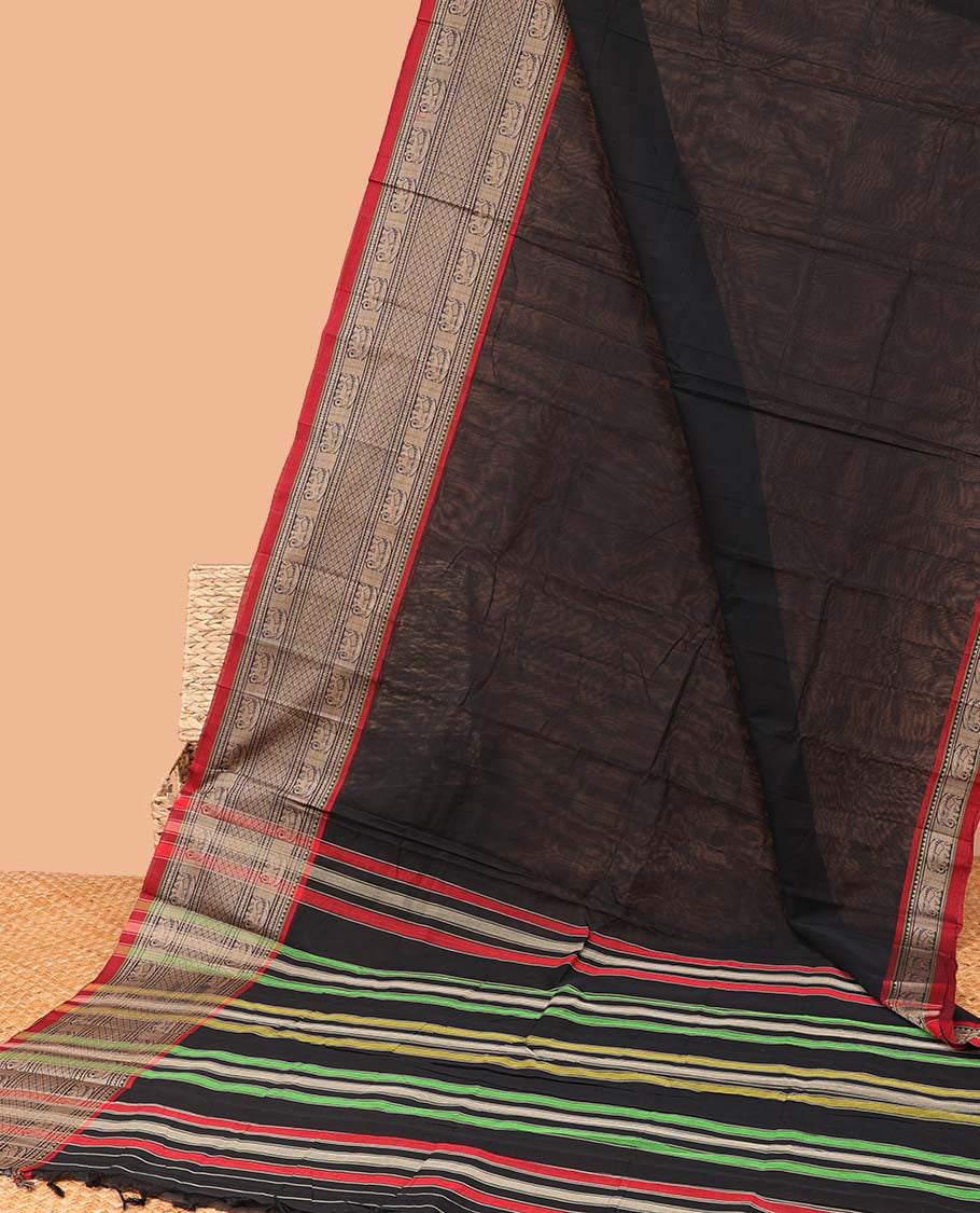 Black plain Narayanapet cotton saree, contrast traditional design border & striped pallu