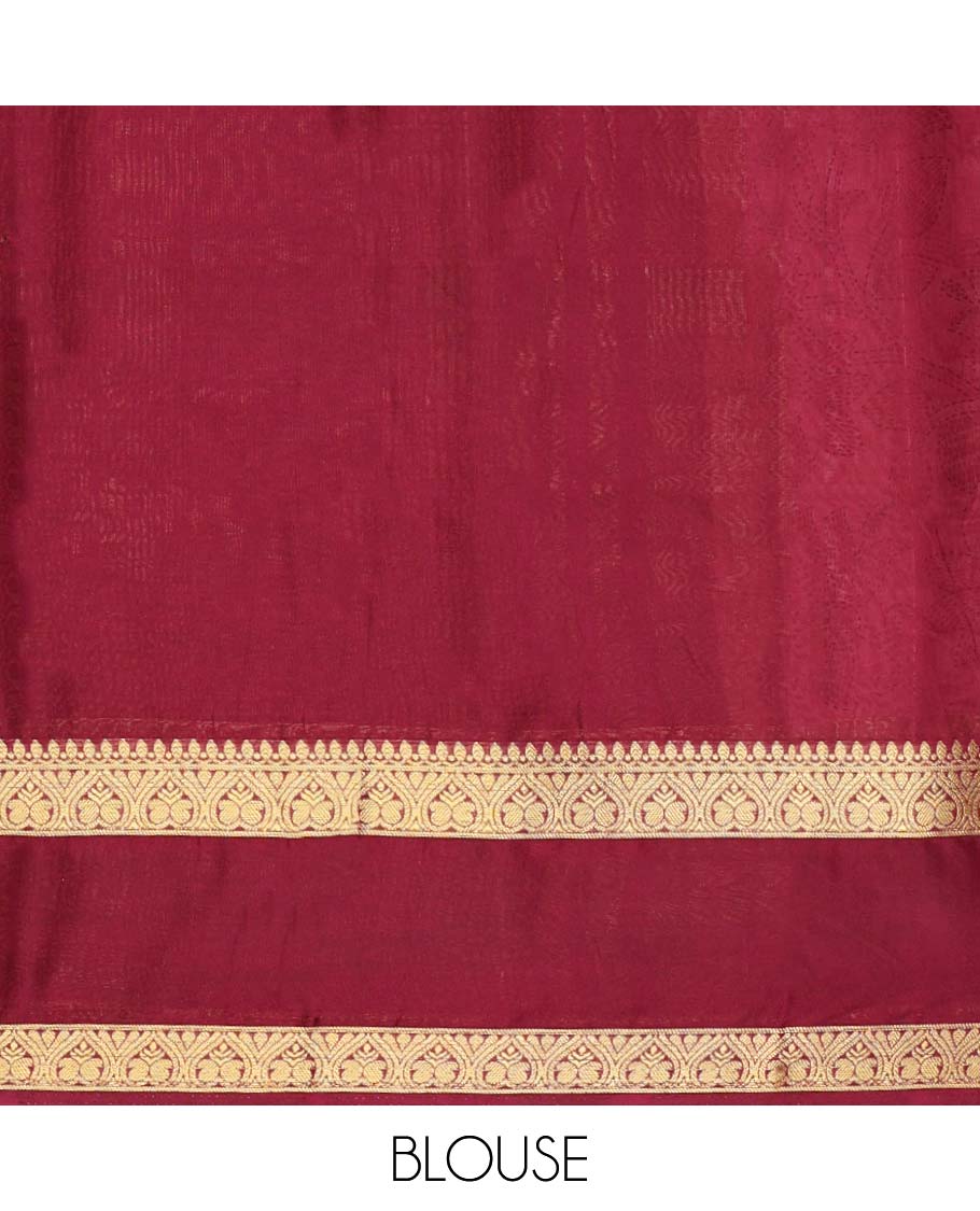 Pink madhubani-style floral vine semi-banaras printed saree, contrast traditional design border & striped pallu