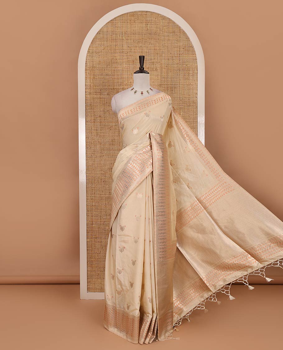 Half-white leaf zari buttas dola silk saree, geometric patterned zari border, pallu of geometric pattern & diagonal stripes & plain blouse