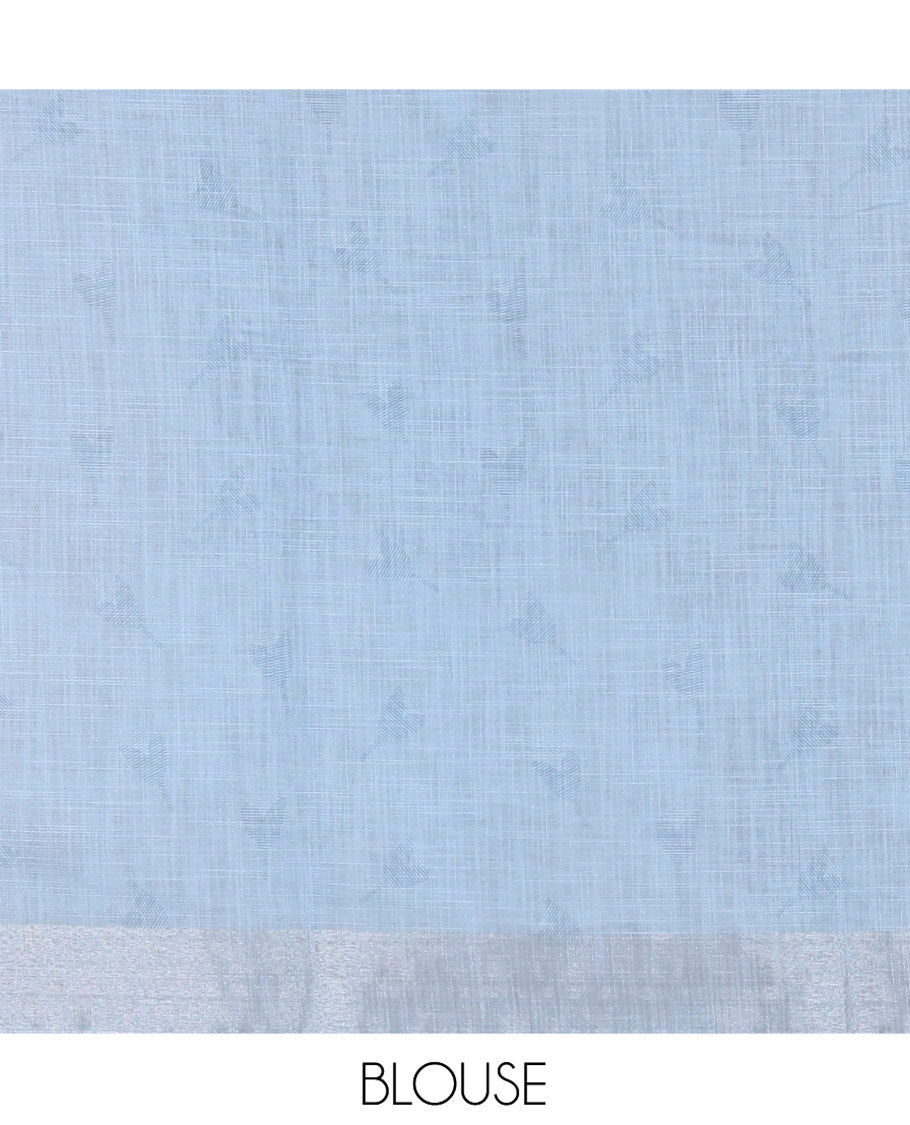 Sea Blue Linen Cotton Saree, Elevated with Jamdani-Style Lotus Designs Printed All Over Its Body, Zari Tissue Border, Pallu Mirrors the Same Print, and Paired with a Matching Blouse