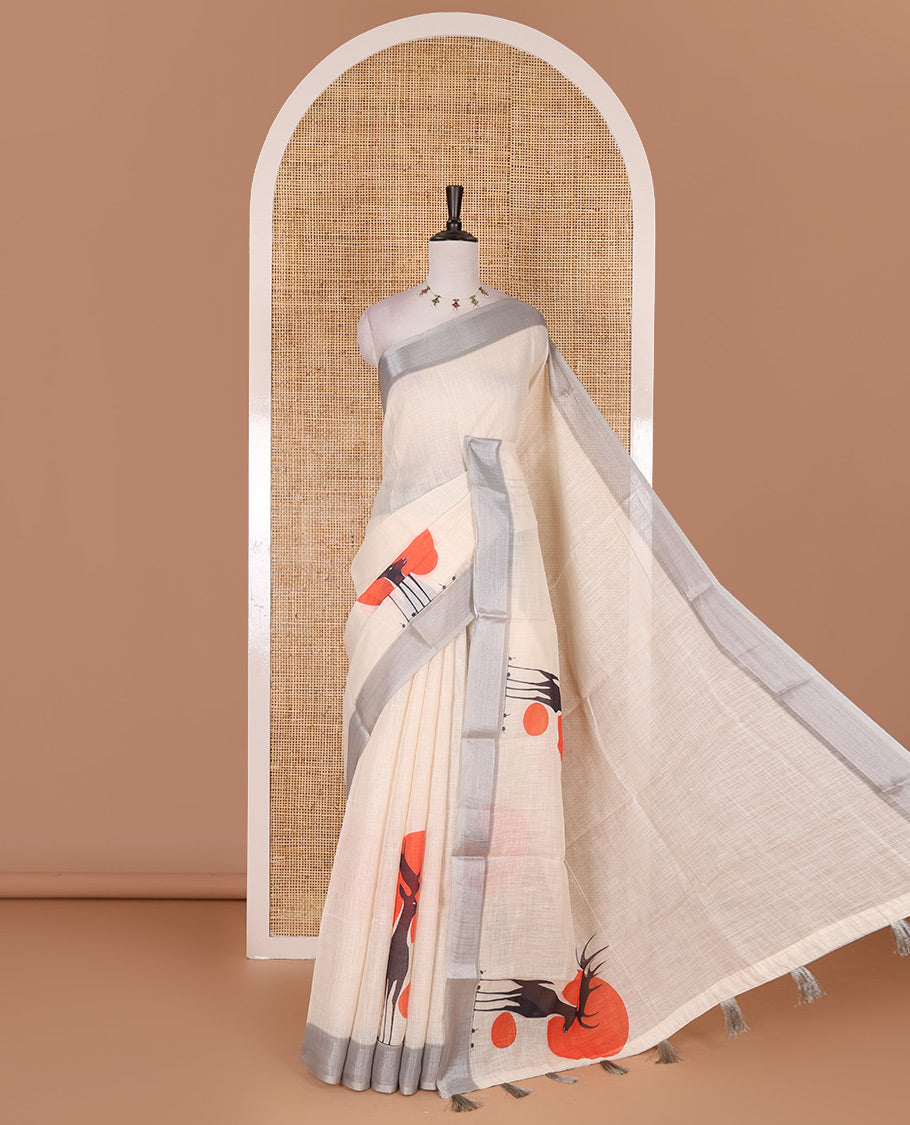 Cream hand painting style crane motifs printed linen cotton saree, silver bavanji border, contrast geometric printed blouse