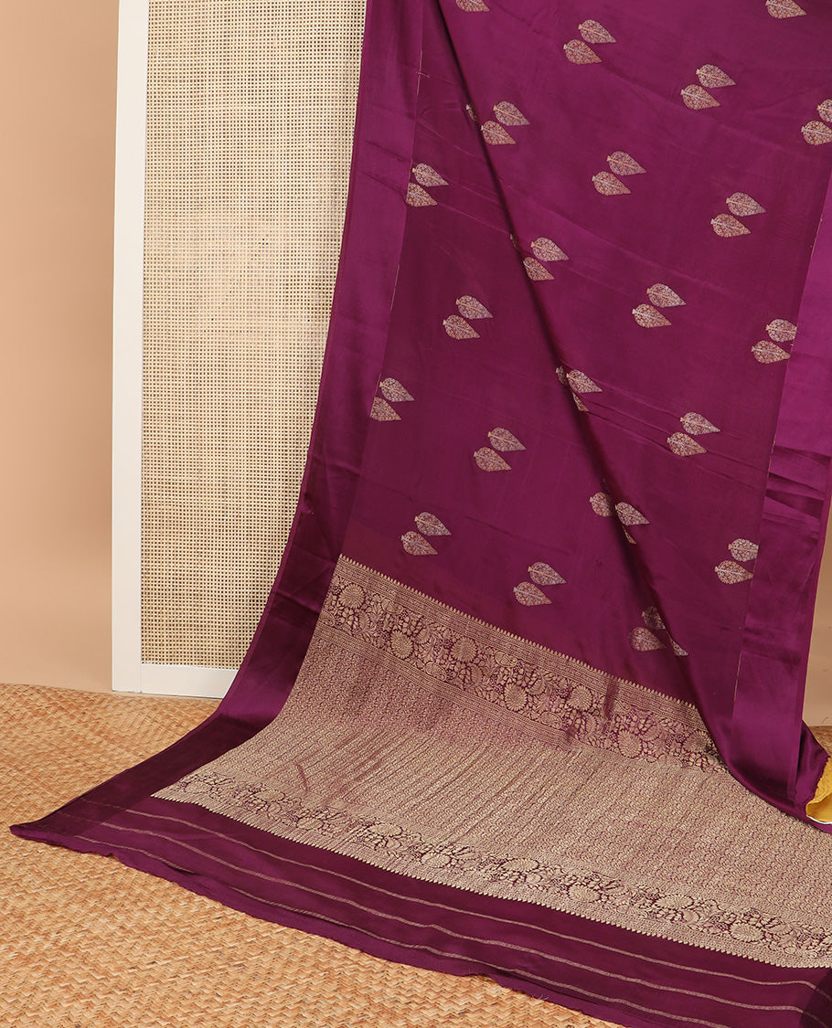 Dark pink leaf buttas crepe saree with self border & intricate zari design pallu