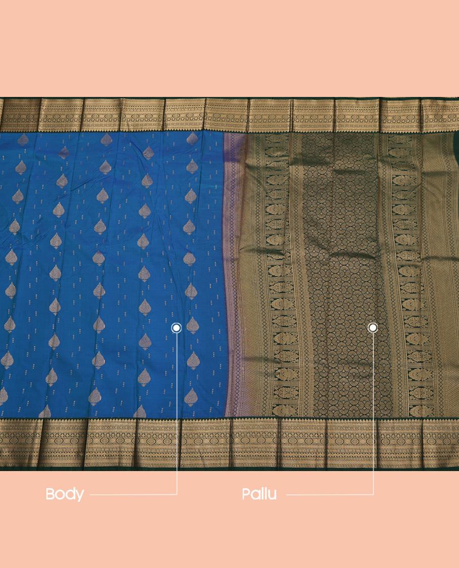 Blue Budget Silk Saree, Mesmerized with Zari Buttas All Over Its Body, Complemented by a Contrast Traditional Zari Border, Grand Pallu, and Paired with a Contrast Blouse