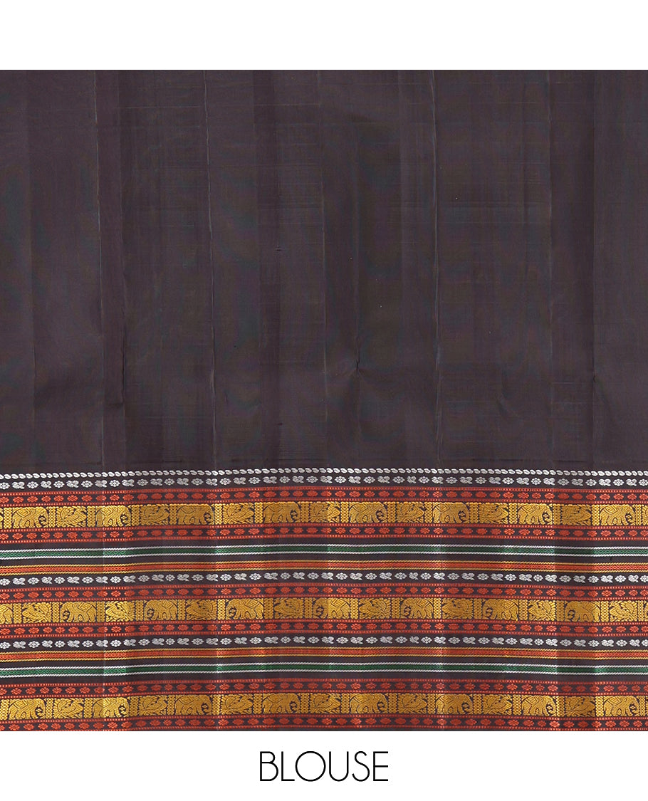 Red Kanchipuram Silk Saree, Woven with Checks, Complemented by a Contrast Korvai Border of Manga, Mayil, Kamalam, Yaanai, and Mayil Kann, Traditional Pallu, and a Contrast Blouse