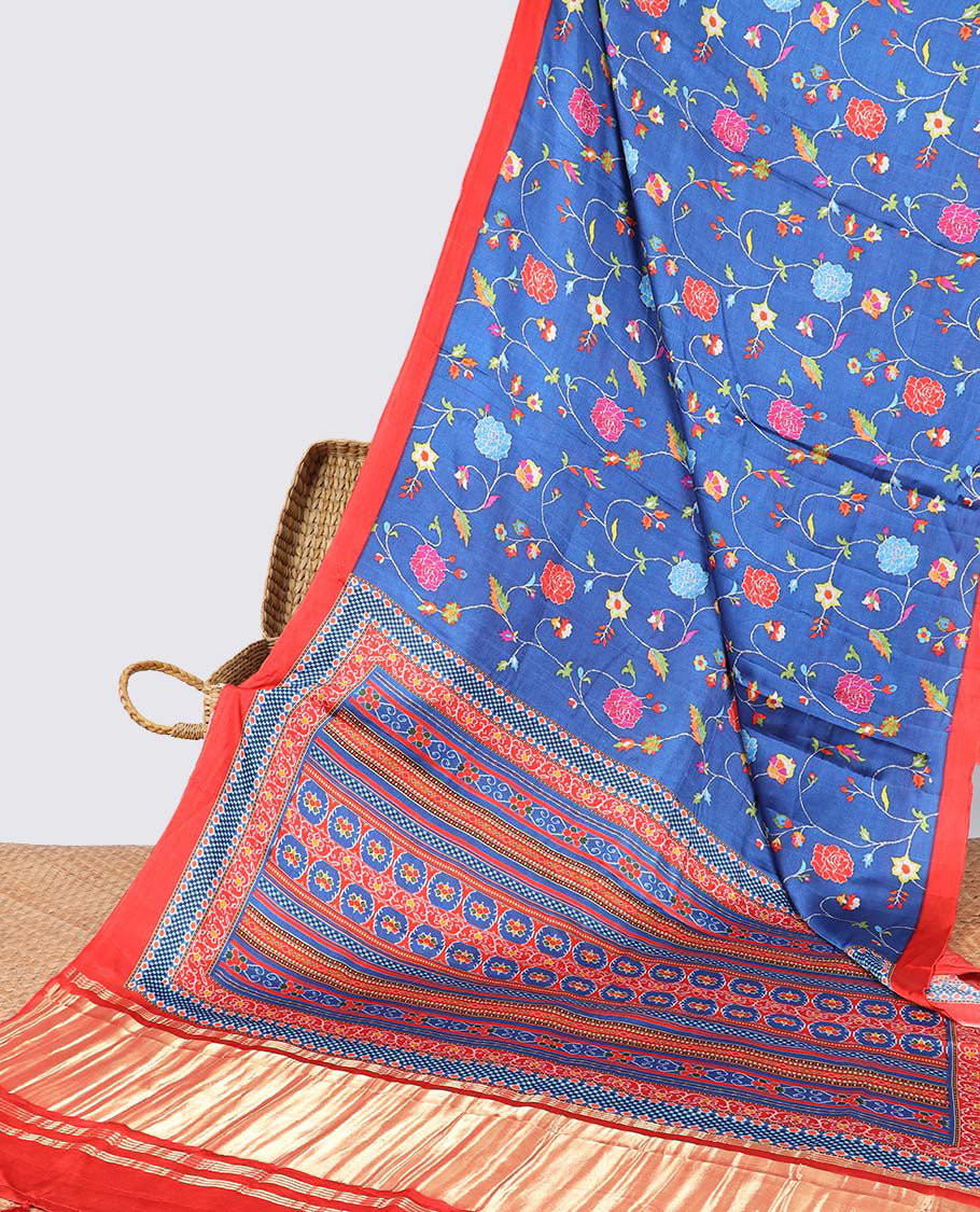 Blue floral vine design semi-banaras printed saree with contrast plain border & striped floral design with zari border